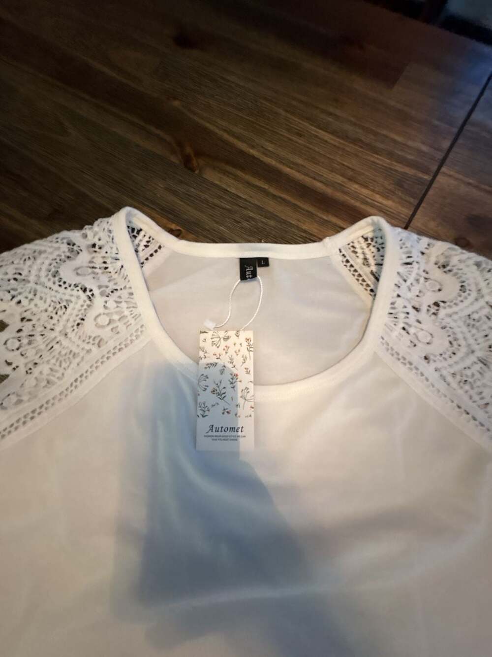 Automet Women's White Lace Trim Cap Sleeve Blouse Size L